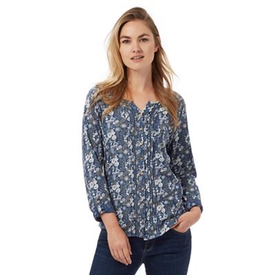 Mantaray Navy floral print pleated front top